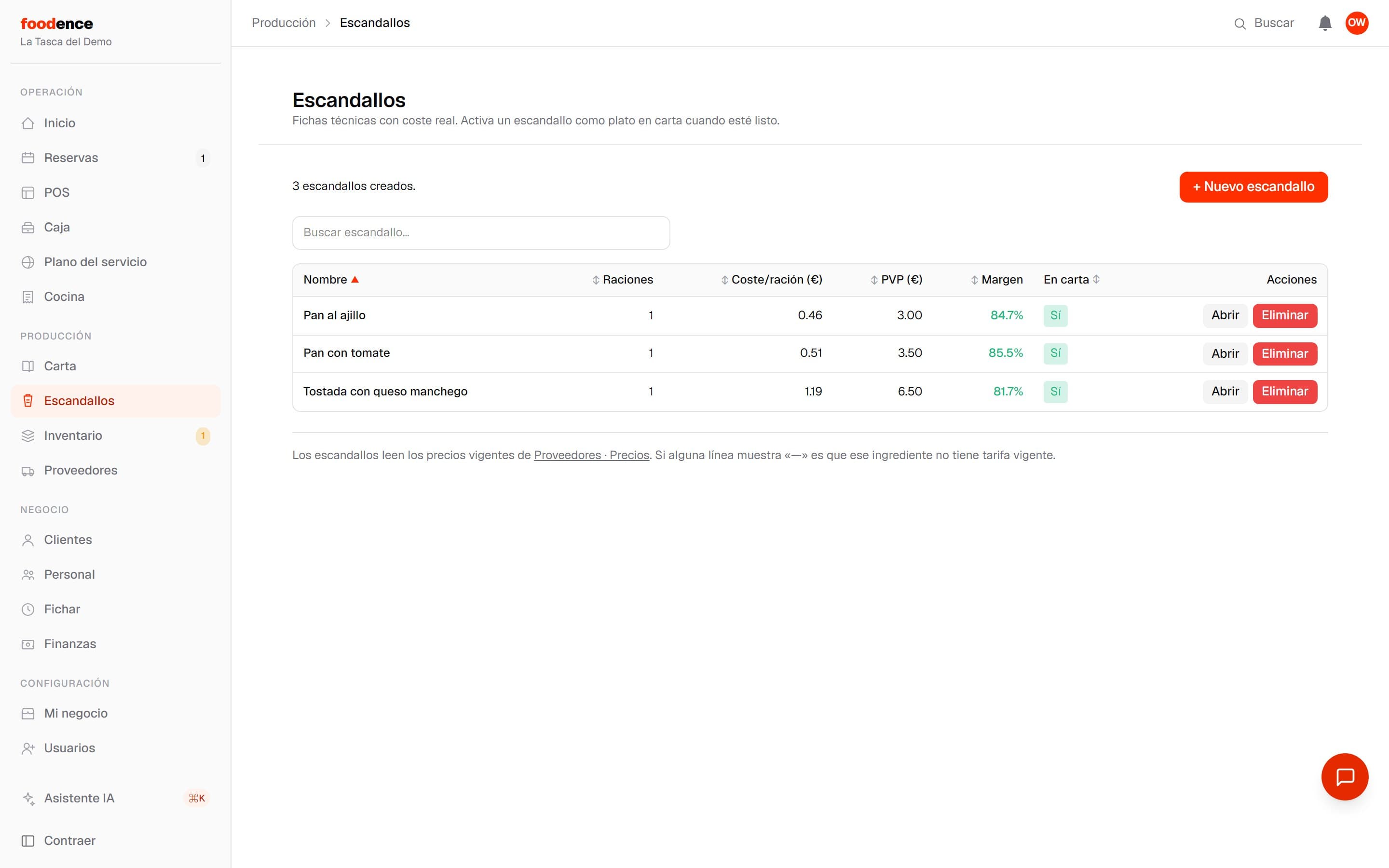 Escandallos: coste por ración, PVP y margen de cada plato con semáforo