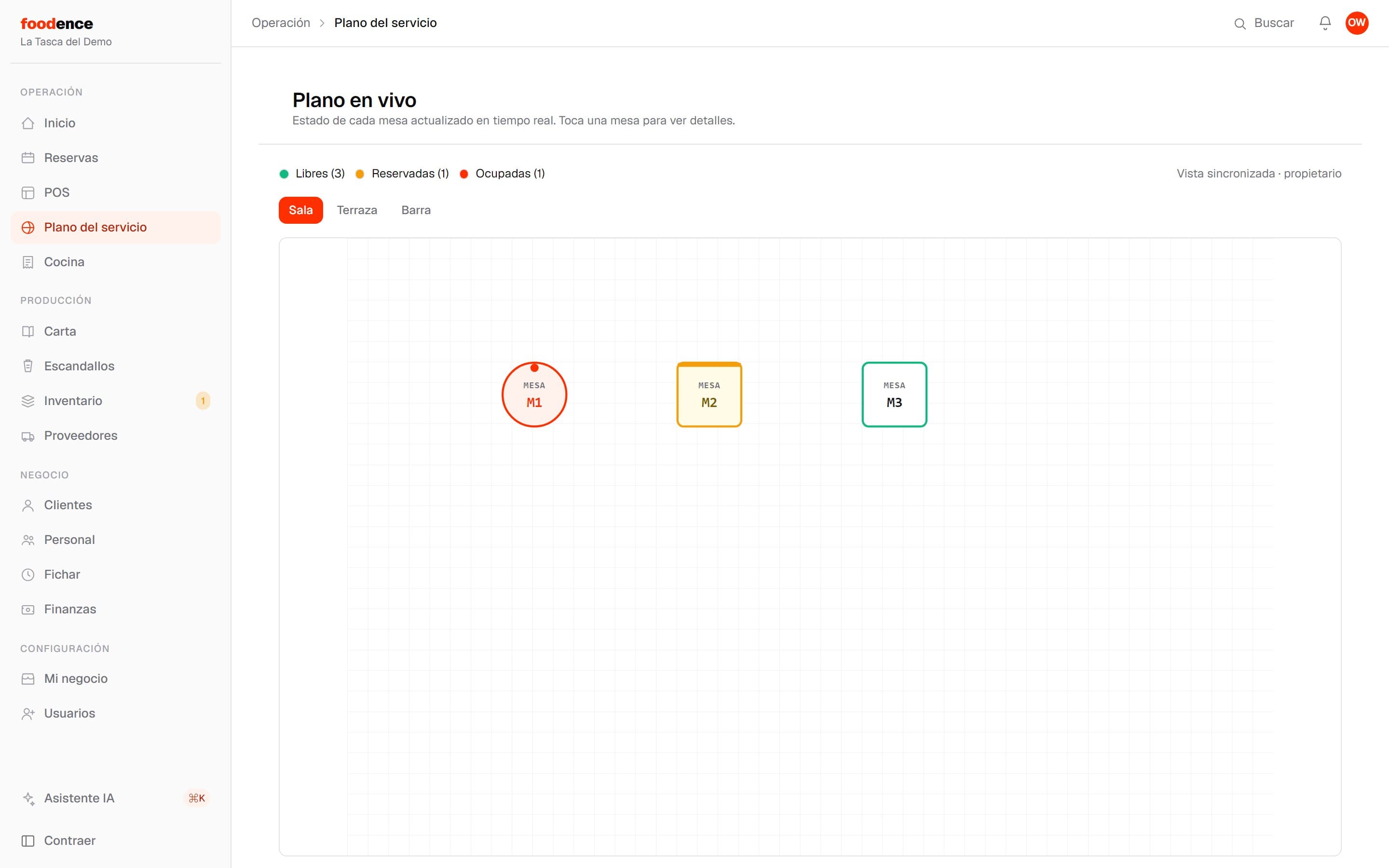 Plano del servicio en vivo con mesas libres, reservadas y ocupadas en tiempo real